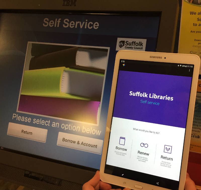 An iPad next to a self-service machine