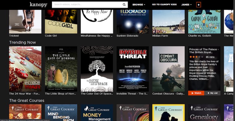 Kanopy screenshot with links to films, documentaries and courses.