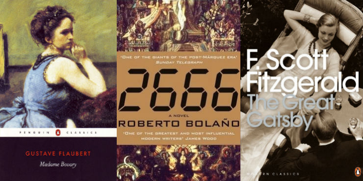 Madame Bovary by Gustave Flaubert, 2666 by Roberto Bolano and The Great Gatsby by F Scott Fitzgerald