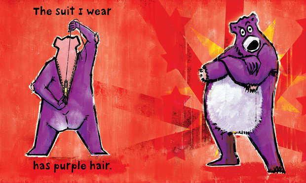 A bear in a purple suit