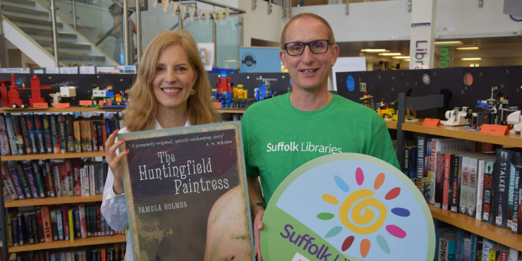 Suffolk Libraries CEO Bruce Leeke and The Huntingfield Paintress author Pamela Holmes launch Suffolk Libraries Day at Felixstowe Library