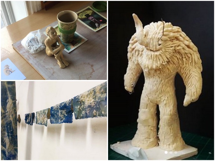 Works-in-progress at Hadleigh Library, clockwise from top left: body sculpture by Lucy Edwards, folk figure by Will Wright, Cyanotype prints by Ellie Seymour