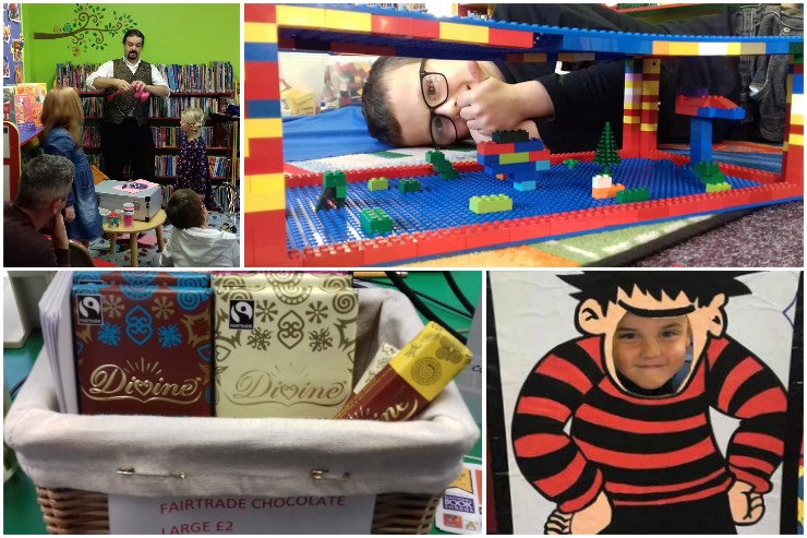 A collage of colourful images from Leiston Library: a magician performing for some children, a boy lying beside a Lego building, a basket of Divine chocolate bars and a boy posing with a Dennis the Menace Aunt Sally board