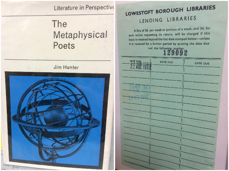 Library copy of The Metaphysical Poets by Jim Hunter and its date stamp, showing dates in 1966 and 1967