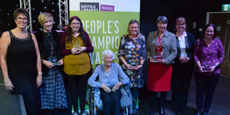 Volunteer Engagement Manager Diane Moore with award winners Emma Fakes, Chloe Peck, Monica Ford, Charlotte Evans, Liz Ditton, Maggie Lusher (receiving the award on behalf of Gemma Southwood) and Mandy Grimwood