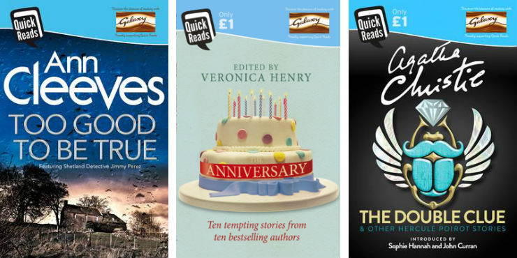 Too good to be true by Ann Cleeves, The anniversary by Various authors and The double clue and other Hercule Poirot stories by Agatha Christie