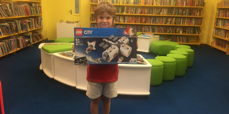 Roman with his prize Lego City Lunar Space Station at Newmarket Library