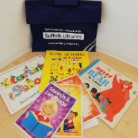 A Suffolk Libraries Get Ready for School book bag with a selection of books and information cards