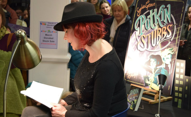 Sophie Green reading from Potkin and Stubbs at her book launch at Woodbridge Library