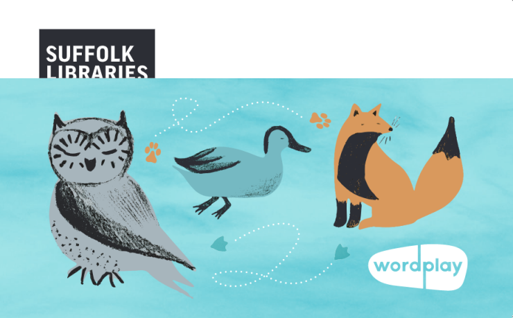 Suffolk Libraries Wordplay library card for 0-5 year-olds, featuring an owl, a duck and a fox