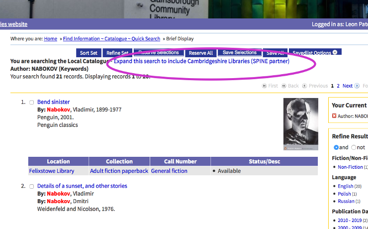 Screenshot of the Suffolk Libraries catalogue